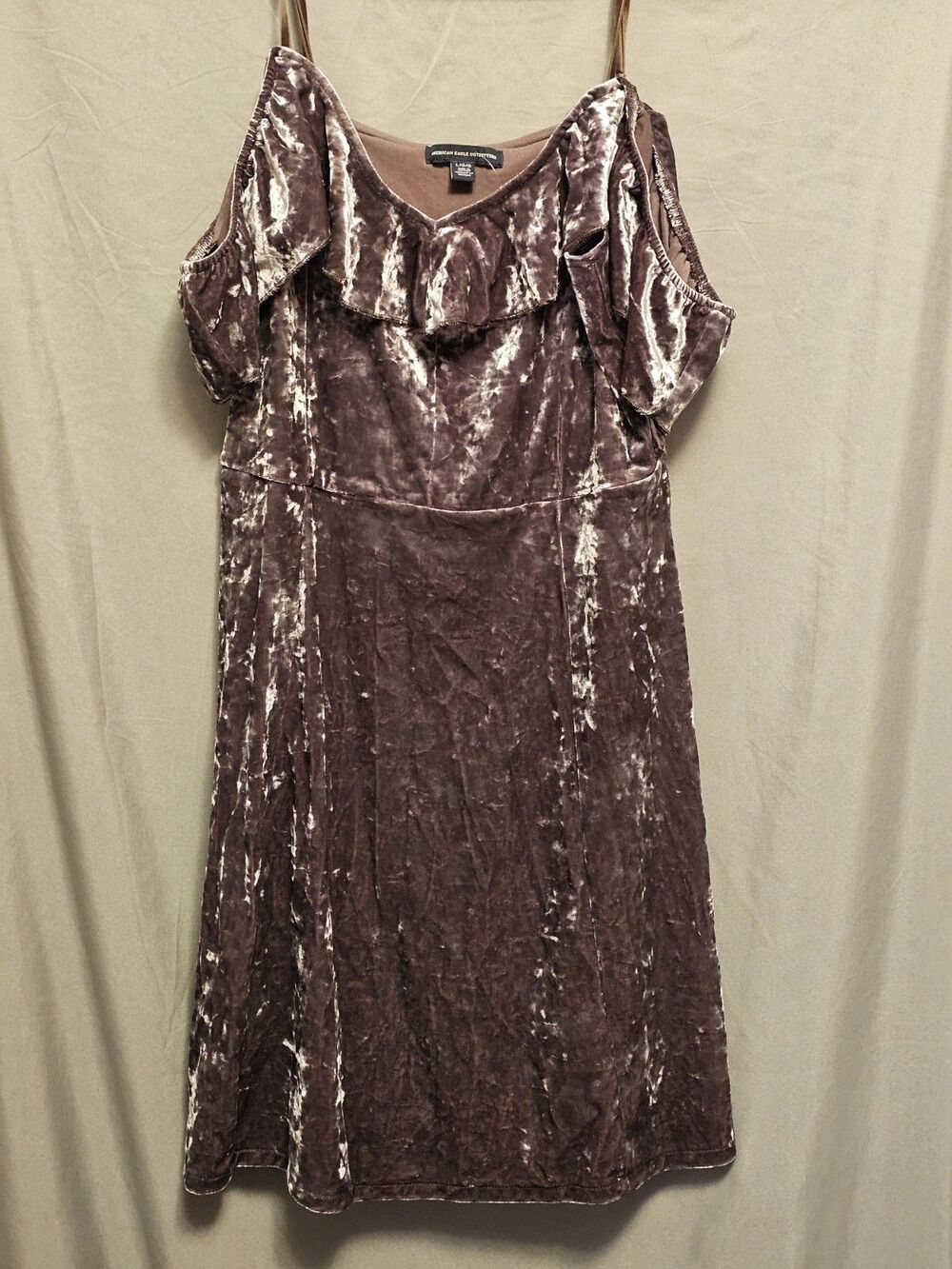 American Eagle Velvet Dress Womens Large Brown Crushed Velvet Cold Shoulder...
